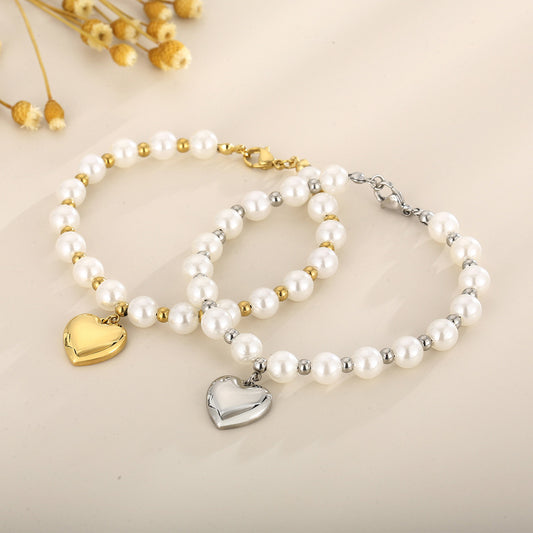 Fashion Heart Shape Titanium Steel Beaded Pearl Plating Bracelets Necklace