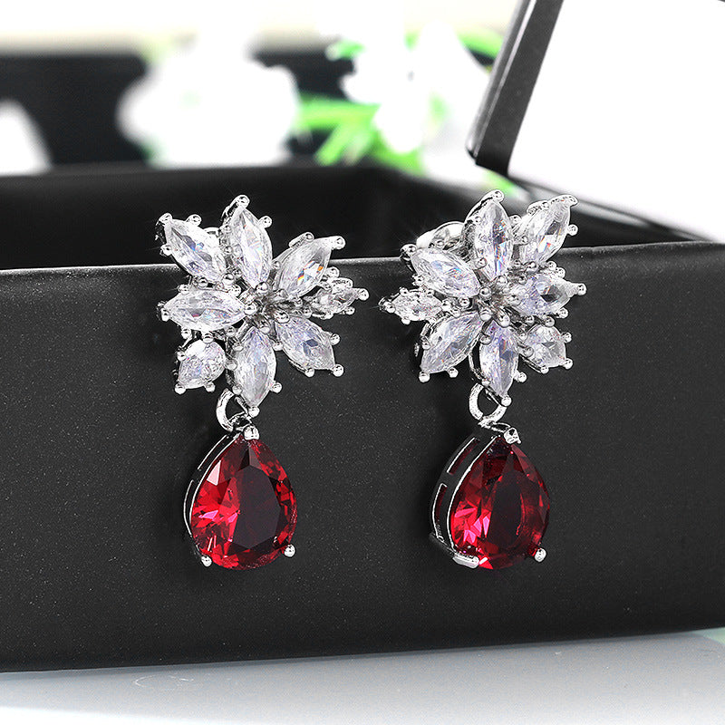 Fashion New Inlaid Water Drop Pear-shaped Red Zircon Copper Earrings Wholesale