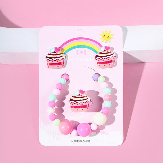 Cake Acrylic Handmade Beaded Earring Ring Bracelet Three-piece Set