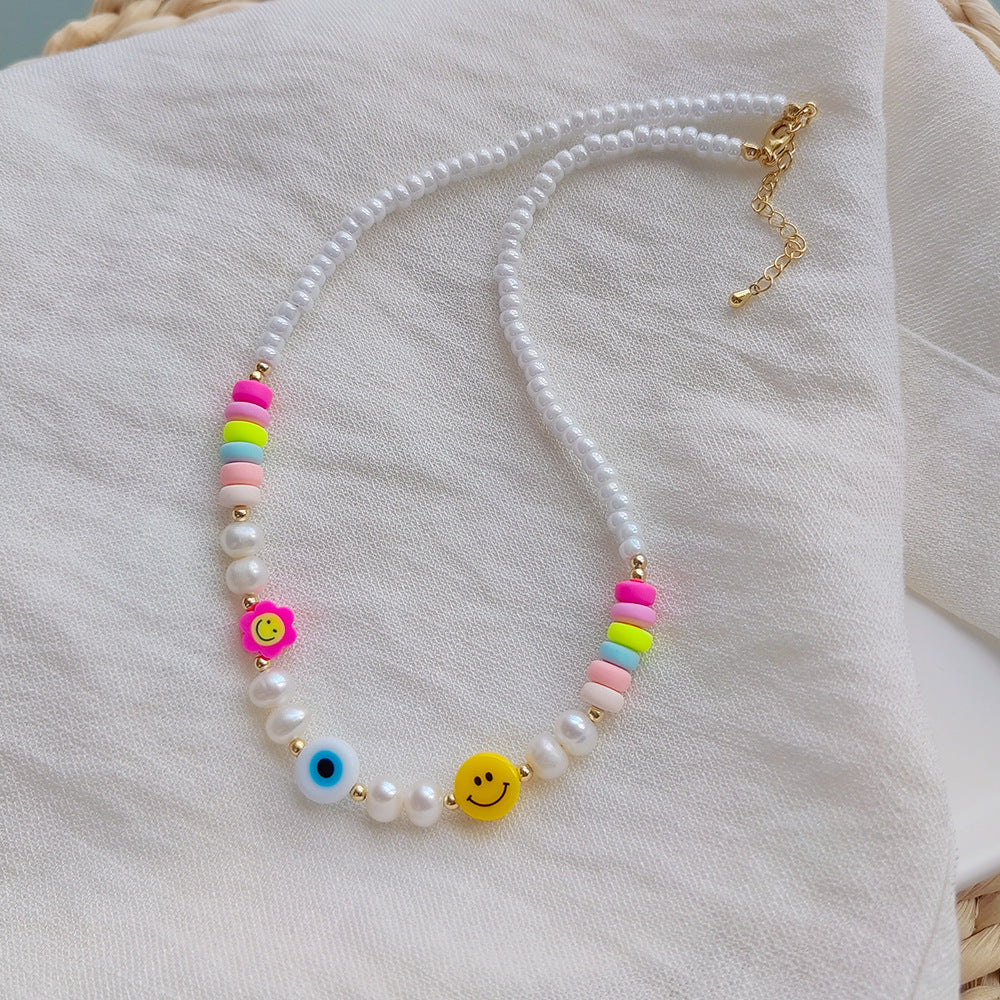 Vacation Smiley Face Flower Resin Freshwater Pearl Copper Necklace In Bulk