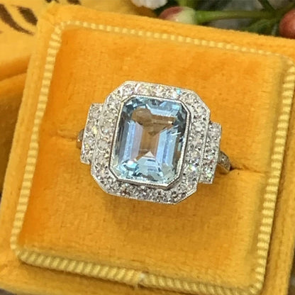 Fashion Geometric Square Copper Inlaid Sea Blue Zircon Ring