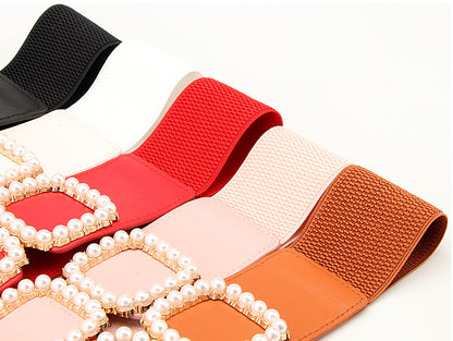 Sweet Solid Color Pu Leather Artificial Pearls Women's Leather Belts