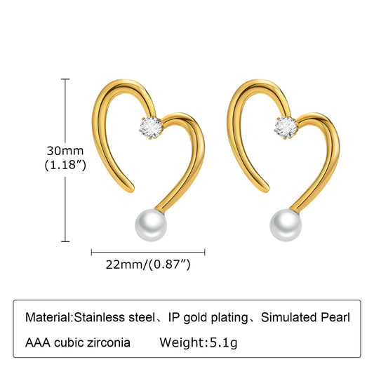 Fashion Geometric Heart Shape Stainless Steel Inlay Artificial Pearls Zircon Earrings 1 Pair