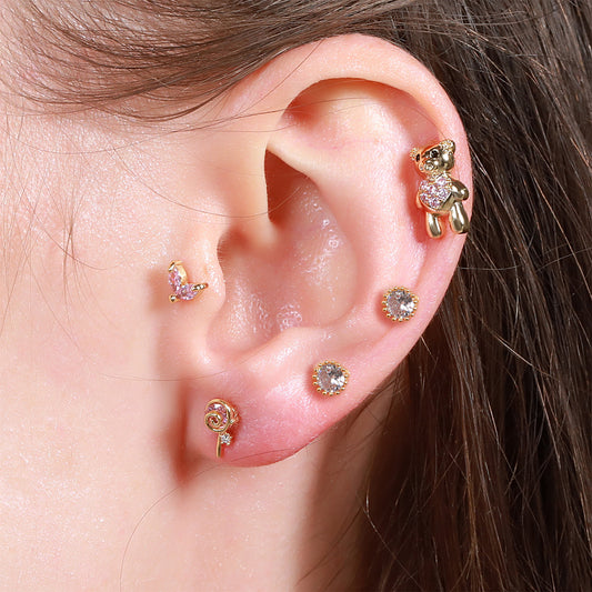Fairy Stick Bear Ear Bone Screw Piercing Stars Ear Studs