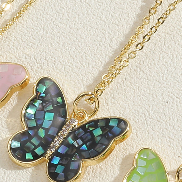 Copper Plated 14K Real Gold Color Dripping Oil Butterfly Pendant Necklace Women's Ins Personalized Design Shell Zircon Clavicle Chain