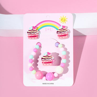 Cake Acrylic Handmade Beaded Earring Ring Bracelet Three-piece Set