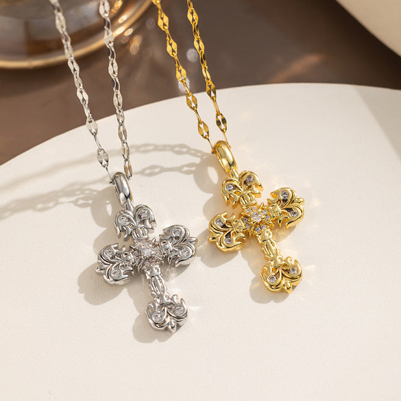 Moderate Luxury Cross Geometric Titanium Steel 18K Gold Plated Necklaces