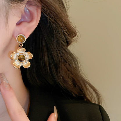 1 Pair IG Style Elegant Flower Plating Tiger Eye Drop Earrings