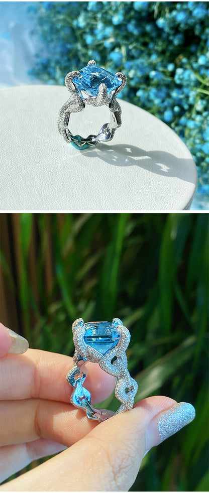 Haute Couture Jewelry Inlay Craft Imitation Natural Aquamarine Topaz Ring
