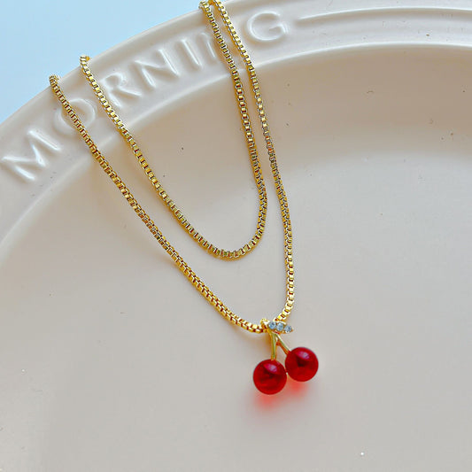 Cross-border hot selling red cherry pendant necklace women's niche design sense simple luxury gold box chain necklace