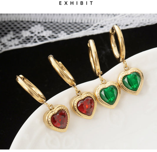 Emerald Zircon Heart Ear Buckle Stainless Steel 14k Gold Plated Earrings Wholesale