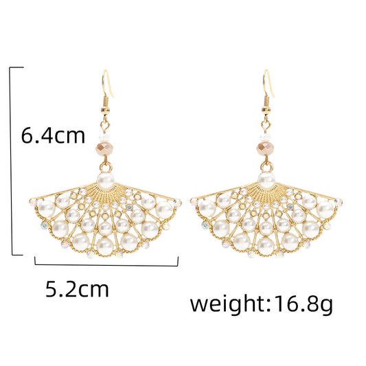 1 Pair Casual Ethnic Style Sector Hollow Out Inlay Alloy Artificial Pearls Rhinestones Drop Earrings
