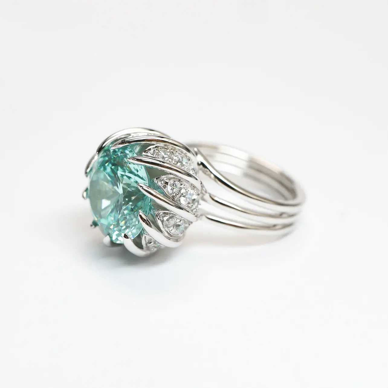 Fashion Paraiba Blue-green Diamond Ring Lotus Copper Opening Ring