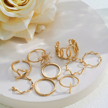 European and American fashion new wave flower gold cross ring 9 piece set of open multi-joint ring set