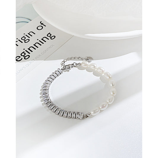 Sweet Geometric Stainless Steel Artificial Pearl Patchwork Zircon Bracelets