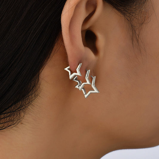 European and American cross-border fashion, simple and versatile, cold wind pentagram copper earrings 3-piece set