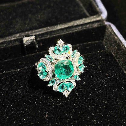 Retro Micro-embellished Diamond Imitation Natural Paraiba Green Diamond Copper Ring