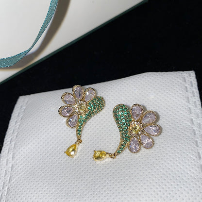 Petal Flower Fish-shaped Earrings Full Diamond Luxury Plated 925 Silver Needle Daisy Earrings