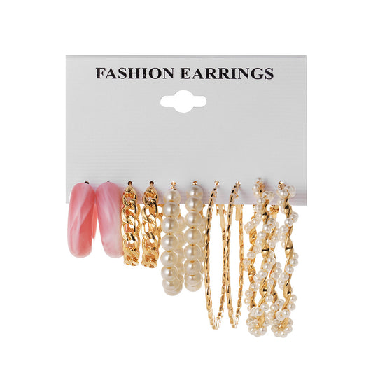 Retro Winding Pearl 5 Pairs Of Creative Simple Pink Acrylic Chain Earrings