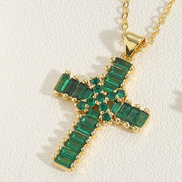 Cross-border hot-selling wild retro color zircon cross pendant necklace women's personalized design O-word chain clavicle chain