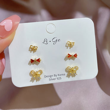 Simple Style Crown Bow Knot Alloy Plating Rhinestones Women's Ear Studs 3 Pairs