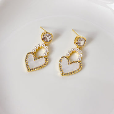 1 Pair Simple Style Heart Shape Inlay Copper Pearl Zircon Drop Earrings
