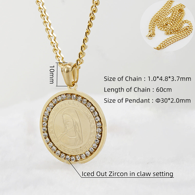 Custom cross-border church avatar inlaid with diamond pendant European and American stainless steel 18K gold double-sided grinding necklace pendant women's jewelry