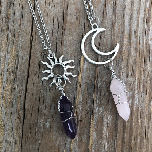 Retro Sun Moon Alloy Crystal Pendant Necklace