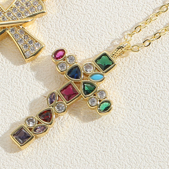 Cross-border hot-selling wild retro color zircon cross pendant necklace women's personalized design O-word chain clavicle chain