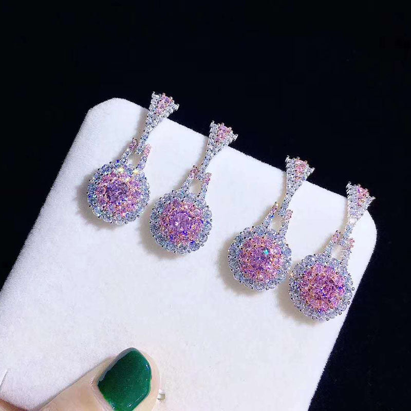 Pink Crystal Set Earrings Ring Necklace Retro Exquisite Zircon Earrings Pendant Special-interest Design Simple Ring