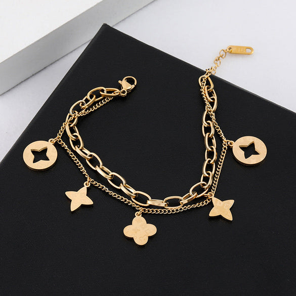 Women Letter Number Leaf Titanium Steel 18K Gold Plated Bracelets