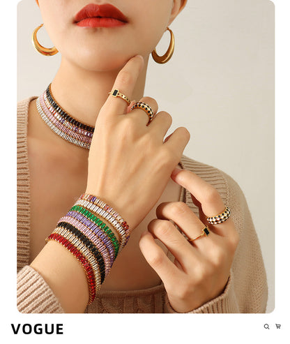 Solid Color Retro Colored Diamond Zircon Inlaid Necklace Bracelet Titanium Steel Jewelry