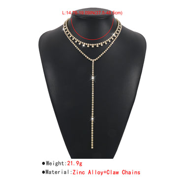 Fashion Solid Color  Double Layer Long Tassel Inlaid Rhinestone  Necklace