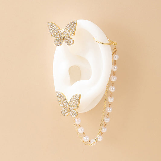 Simple Asymmetric Diamond-studded Butterfly Earrings Pearl Tassel Ear Clip
