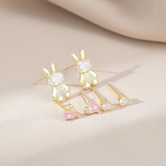 Fashion Rabbit Round Heart Shape Copper Plating Inlay Zircon Ear Studs 1 Set