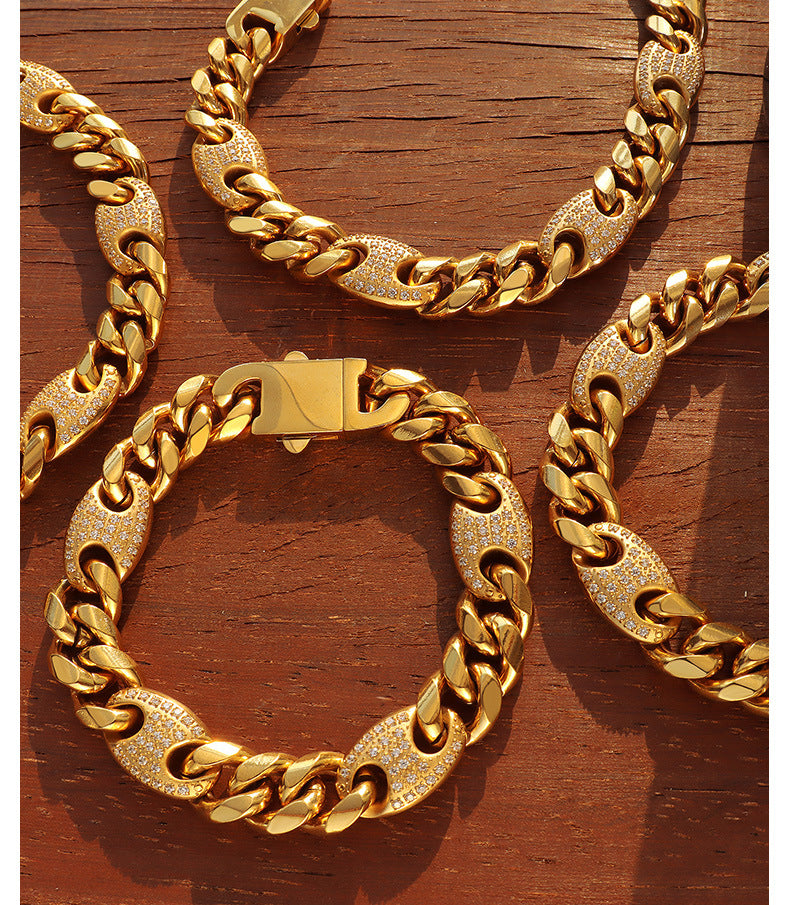 Fashion Inlaid Diamond Cuban Chain Titanium Steel Gold-plated Bracelet