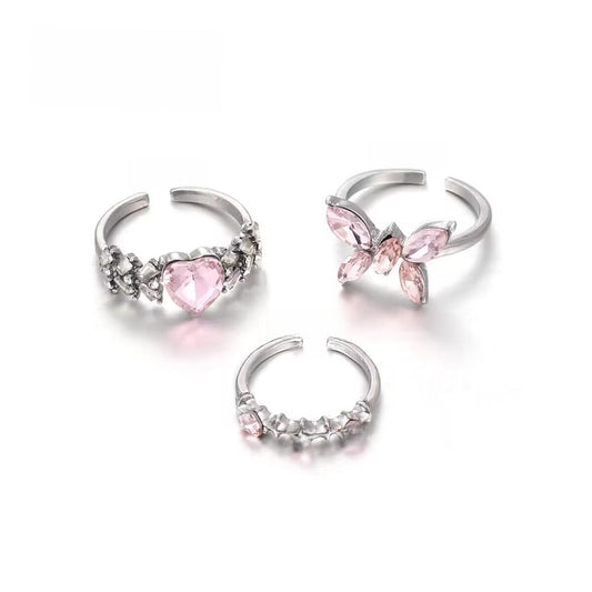 Pink diamond bow peach heart ring female sweet girl heart live mouth ring adjustable light luxury niche ring wholesale