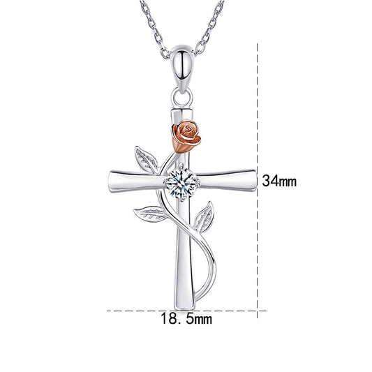 Sterling Silver Elegant Simple Style Cross Rose Plating Pendant Necklace