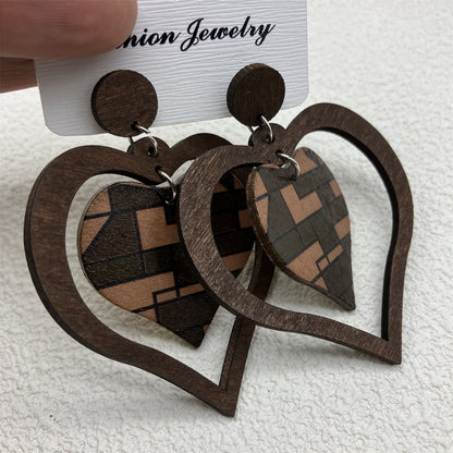 1 Pair Casual Retro Heart Shape Stoving Varnish Wood Drop Earrings