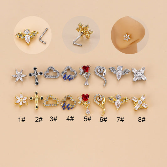 Fashion Clouds Heart Shape Flower Stainless Steel Plating Zircon Nose Studs 1 Piece
