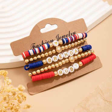 European and American Independence Day Color Soft Pottery Beaded Letter Bracelet Set Elastic Star Banner Contrast Hand Jewelry Women