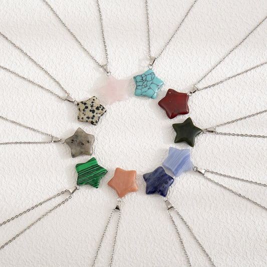 Retro Star Natural Stone Stainless Steel Polishing Pendant Necklace