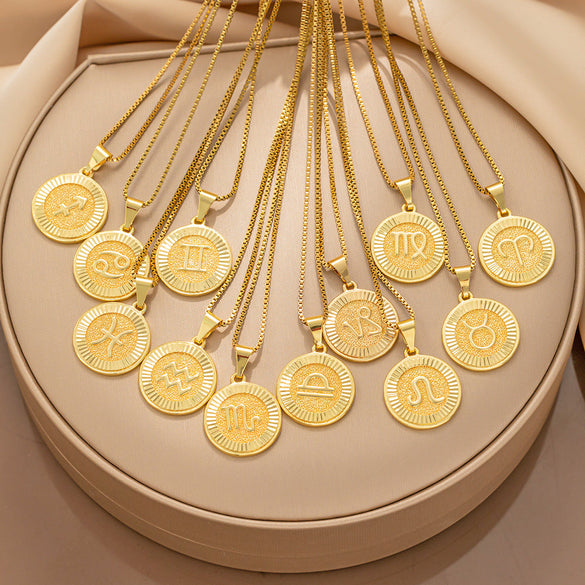 Fashion Zodiac Sign Letter Text Number Titanium Steel 18K Gold Plated Necklaces
