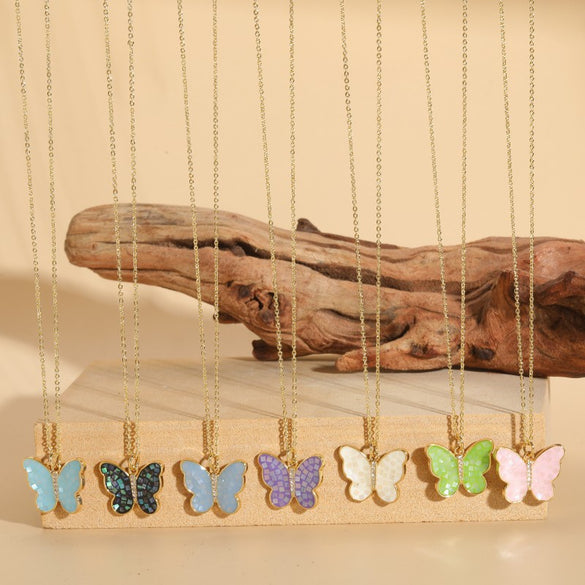 Copper Plated 14K Real Gold Color Dripping Oil Butterfly Pendant Necklace Women's Ins Personalized Design Shell Zircon Clavicle Chain