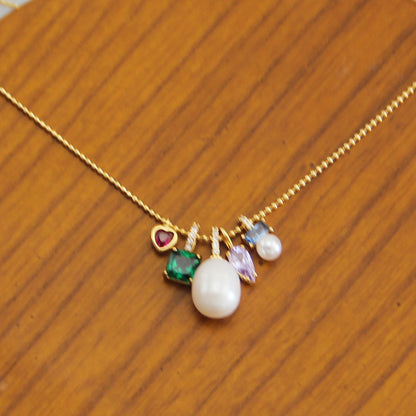 Elegant Square Heart Shape Freshwater Pearl Copper Inlay Zircon Pendant Necklace