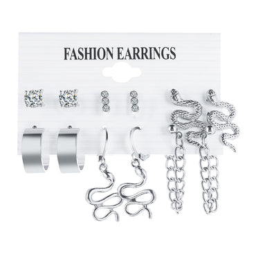 Simple Letter C-shaped Snake-shaped Rhinestone-studded Earrings Set 6 Pairs