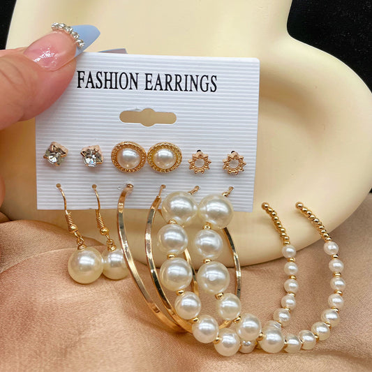 6 Pairs Lady Streetwear Pearl Beaded Alloy Hoop Earrings Drop Earrings Ear Studs