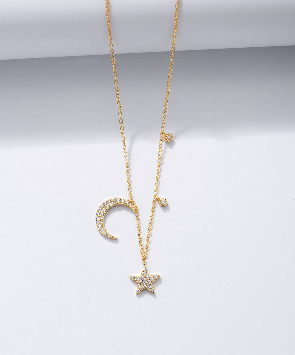 Ins Style Korean Style Star Moon Sterling Silver Inlay Zircon Pendant Necklace