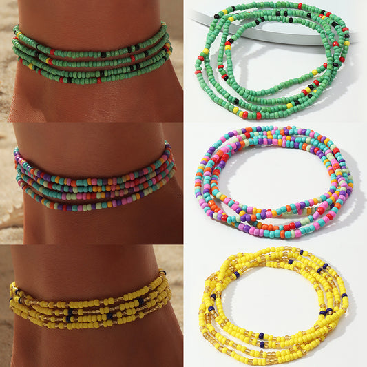Nihaojewelry Simple Braided Geometric Hit Color Rice Bead Elastic Anklet Wholesale Jewelry