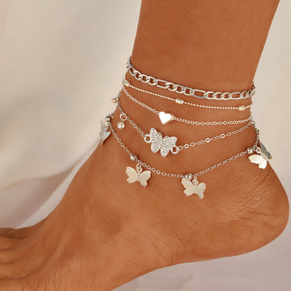 European and American fashion creative vacation casual style personality simple butterfly beads peach heart anklet 5-piece set